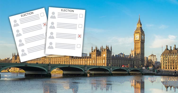 Houses of Parliament with two ballot papers in front