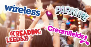 music festival logos in front of crowd