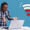 man frustrated at laptop next to wifi symbol