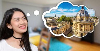 girl with thought bubble of university
