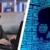 girl looking shocked at laptop hacker code skeleton