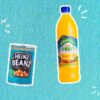 grocery store items on a blue background