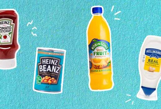 grocery store items on a blue background