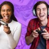 Man and woman gaming with money background
