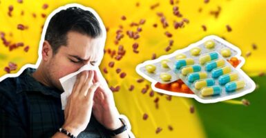 sneezing man hayfever pills