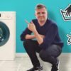 man next to washing machine and washing symbols