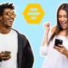 man and woman on phones with dating app logos