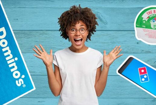 surprised woman with dominos box app and garlic dip