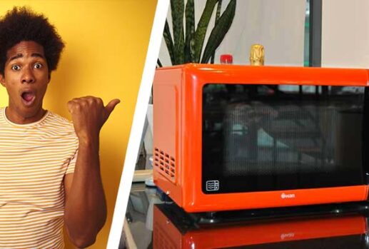 Shocked man and orange microwave