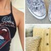 Upcycled Rolling Stones top, sparkling shoes and cushion covers