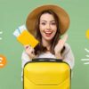 woman holding airplane tickets and a suitcase